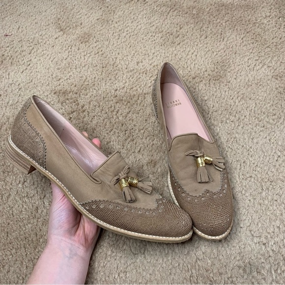 Stuart Weitzman Guything lizard print suede tassel tan loafers - Picture 1 of 9
